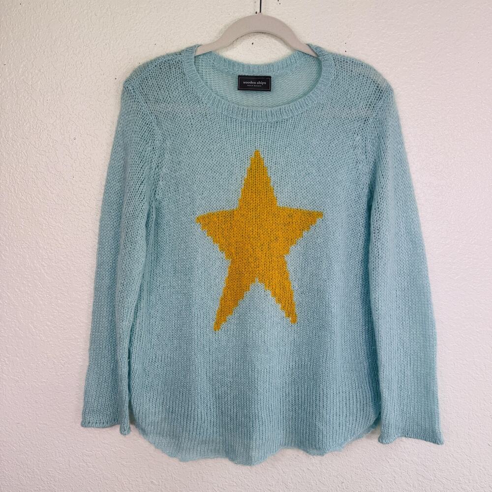 Wooden Ships Sweater Women S/M Star Soft Fuzzy Knit Pullover Mohair Wool Blend